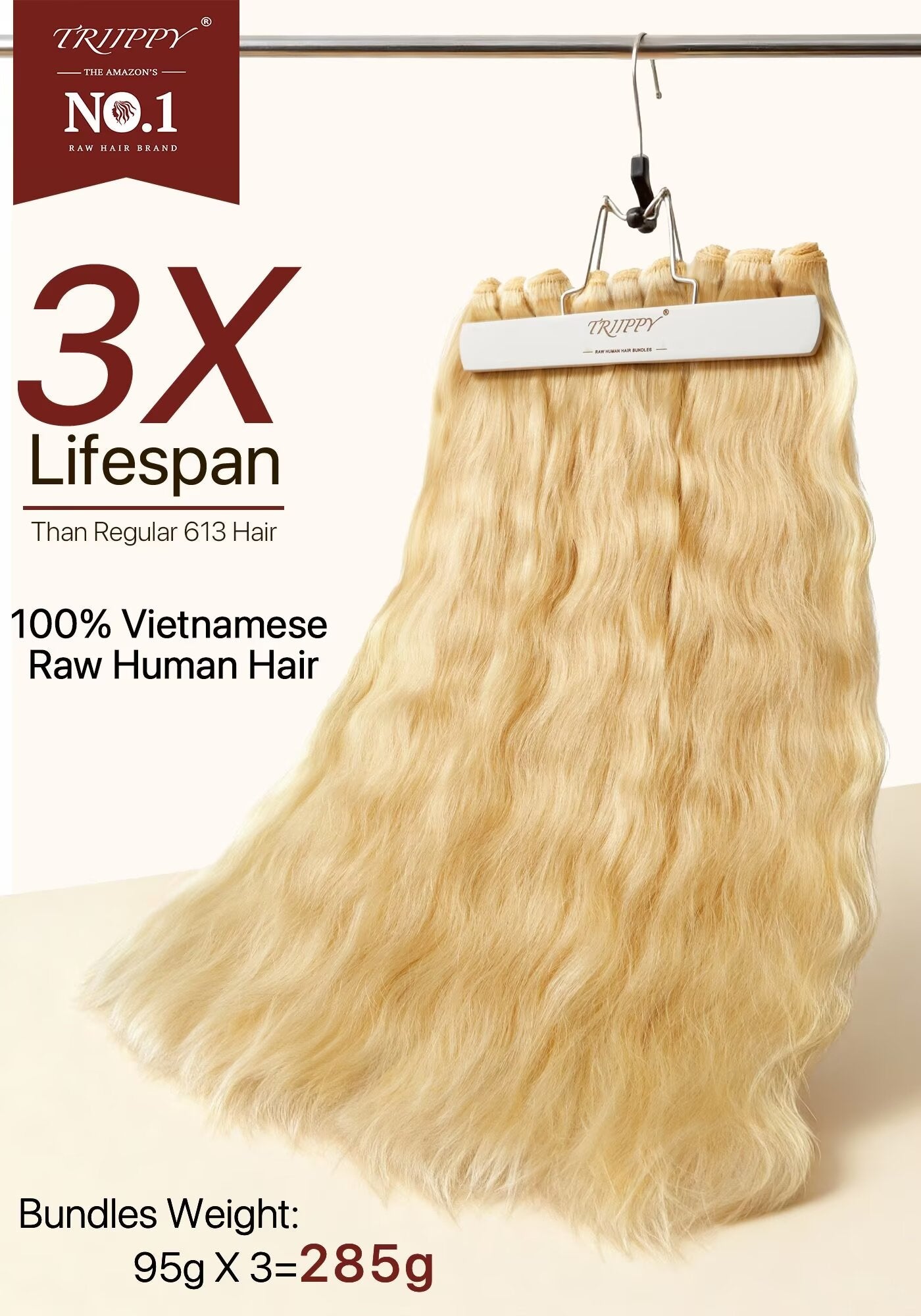 TRIIPPY Natural Honey Blonde Bundles Human Hair,100% Vietnamese Raw Human Hair Natural Body Wave,613 Sew in Weave Single Bundle,5X Lifespan Over Regular 613 Hair,No.1 Raw Hair Brand On Amazon