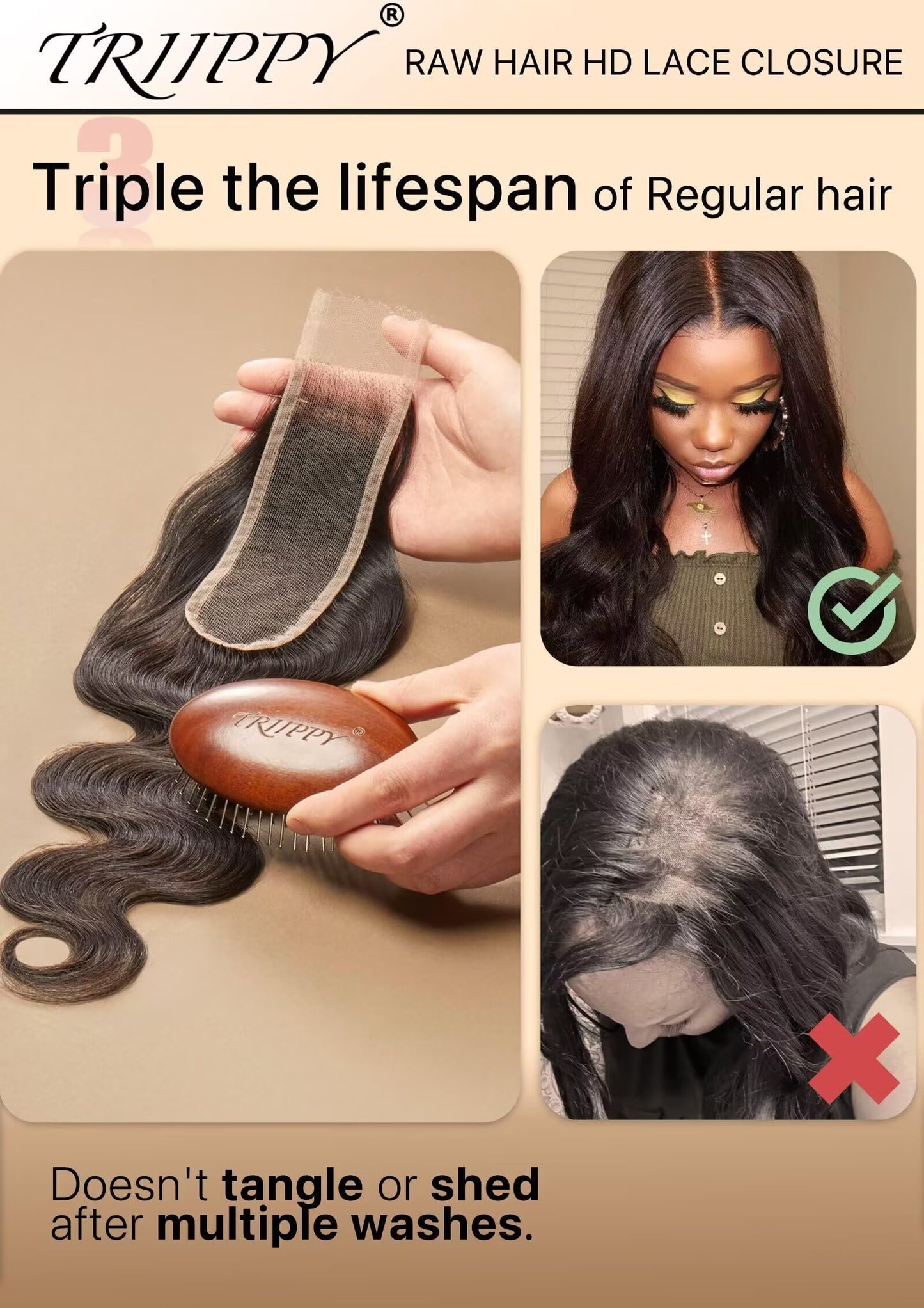 Triippy Raw Hair 2x6 HD Lace Closure Body Wave More Less Shedding than Regular Virgin Hair, 0.10mm Ultra-Thin 2x6 Swiss Real HD Lace with 100% Raw Cambodian Human Haires